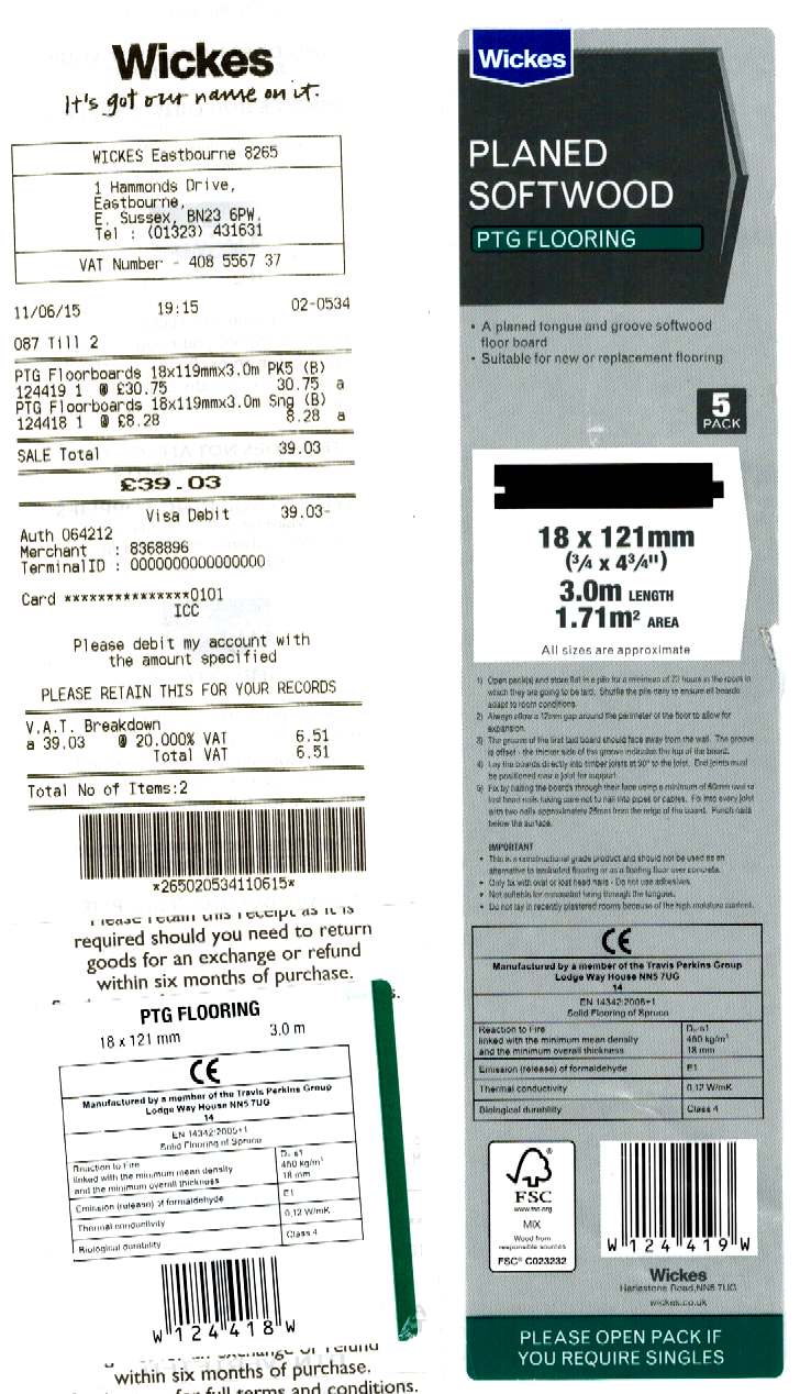 Wickes receipt for PTG softwood flooring 121mm x 18mm x 3000mm