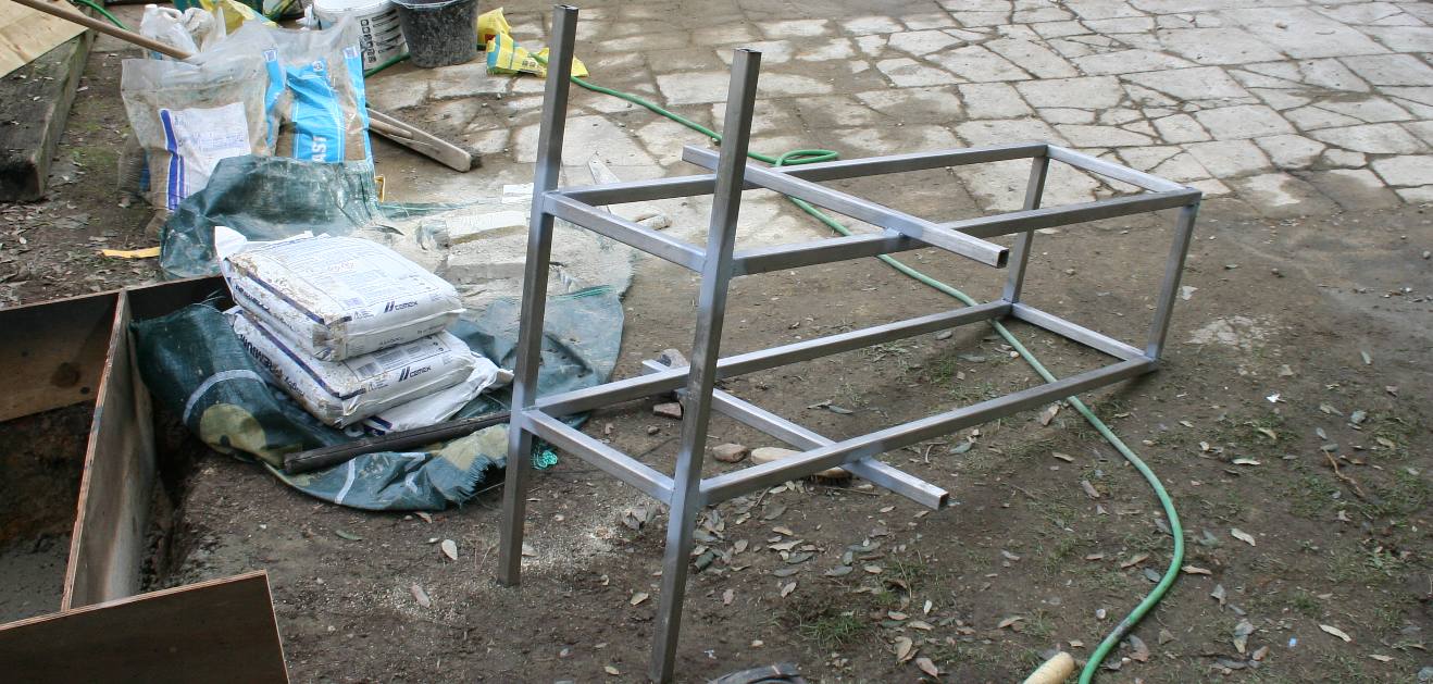 Stainless steel framework ready to be set in concrete