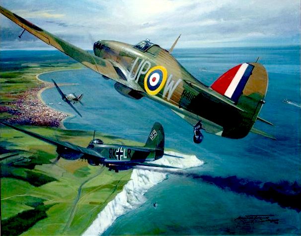 A Hawker Hurricane swoops in for the kill on a German Dornier bomber
