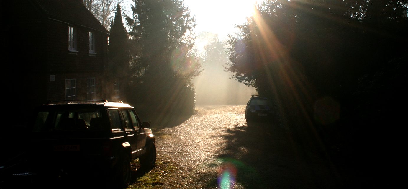 Sun beams streak through a misty morning frost